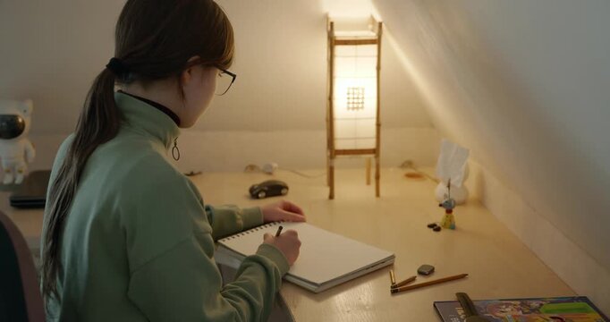 Girl Draw Pictures With Pencil on Desk Table in Bedroom at Home. 4K 10-bit