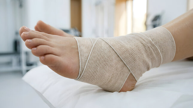Close-up of a firm white compression bandage or elastic wrap applied securely around a patient's foot arch and midfoot for swelling control and support