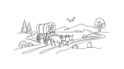 Fototapeta premium Ox-drawn covered wagon traveling on a dusty road through scenic countryside with mountains