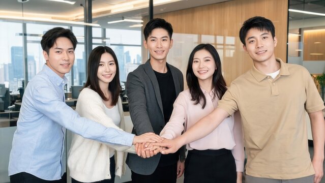 Five people joining hands in office