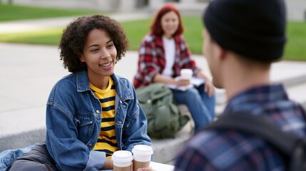 Obraz premium Students chatting outdoors on campus with coffee cups