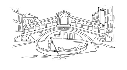 Venice Rialto Bridge and Gondola - Minimalist Line Art Drawing © Tani