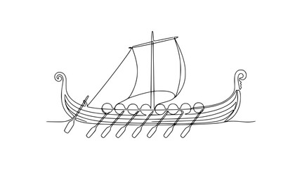 Viking longship drawing, ancient ship with oars and sail, black line art on white background © Tani