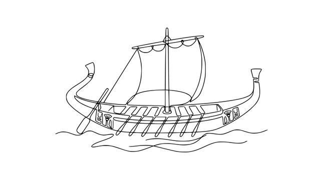 Ancient viking ship with oars and sail on wavy water, line art
