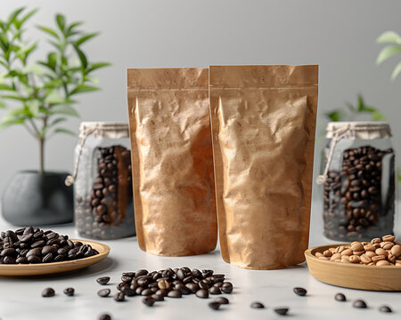Kraft coffee packaging mockup. Blank stand up kraft paper pouches surrounded by roasted coffee beans on kitchen counter. Eco food packaging branding template