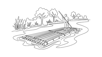 Fototapeta premium Man on Bamboo Raft Navigating River with Trees and Reeds in Background