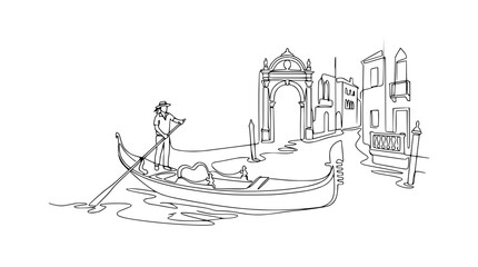 Venice Canal Drawing: Gondola, Gondolier, Archway and Buildings, Simple Line Art © Tani