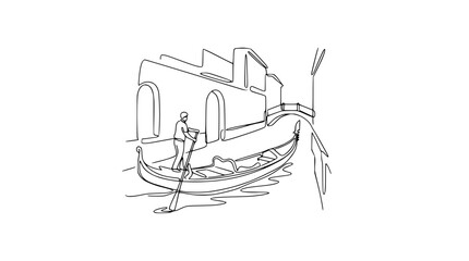Venetian Canal Scene: Gondola and Gondolier, Continuous Line Drawing © Tani