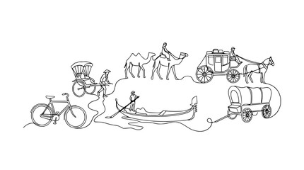Diverse Transportation Methods: Bicycle, Rickshaw, Camel, Gondola, Stagecoach, Covered Wagon © Tani