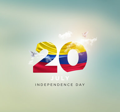 Colombia national flag date in beautiful sky. Country flag waving in date number. Colombia national flag for independence day.