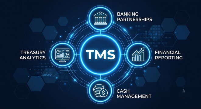 TMS acronym, treasury management system concept, specialized software solution designed to streamline and optimize the financial activities  vector ai