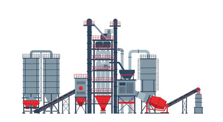 Obraz premium Modern Industrial Factory Plant Illustration with Silos, Conveyor Belts, and Manufacturing Infrastructure - Vector Design on White Background