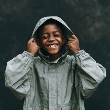 Happy child portrait pulling hood in the rain wearing a gray raincoat for joyful outdoor banner and social background use