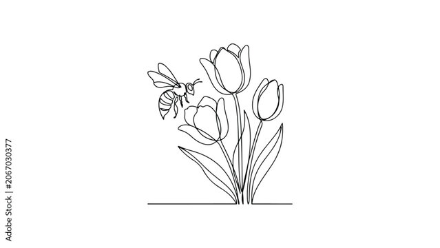 Continuous line drawing of bee flying near tulip flowers