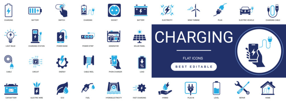 charging solid icon set. charging, battery, power, energy, charger, electricity, electric vehicle, lightning plug load. editable vector illustration collection.