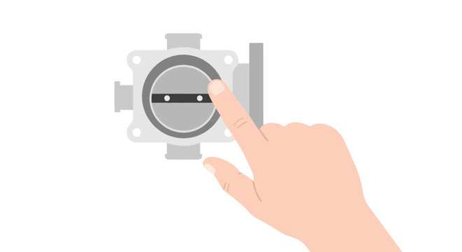 Hand touching car throttle body, engine part, automotive maintenance concept