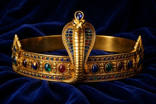 Golden uraeus crown with cobra motif on blue velvet, luxurious and regal.