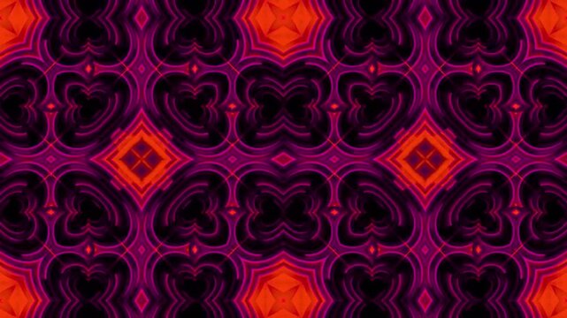 An intricate kaleidoscope pattern of pink and orange hues creates a mesmerizing visual effect, capturing the eye with its bold and vibrant symmetrical design.