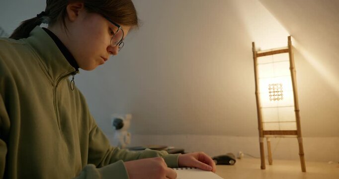 Girl Draw Pictures With Pencil on Desk Table in Bedroom at Home. 4K 10-bit