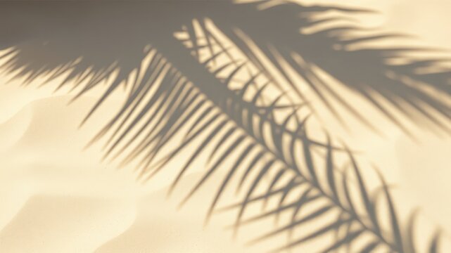 The delicate silhouette of a palm leaf casts a soft, dappled shadow across a canvas of warm, sandy tones.