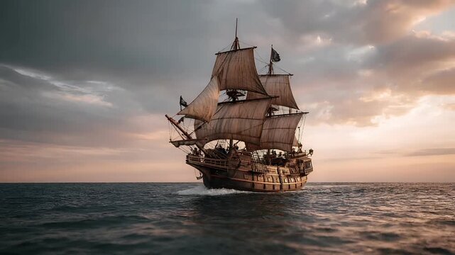 Europe medieval lifestyle. A vivid portrayal of a pirate ship sailing in the ocean at sunset. The ship, with its tall masts and numerous crew members, is the main subject.