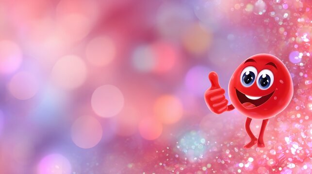 A cheerful red character with large eyes gives a thumbs up against a colorful bokeh background