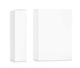 Fototapeta premium Realistic closed paperboard box mockup. Half side views. Can be use for medicine, food, cosmetic. 3D hight realistic vector illustration isolated on white background. Scalable. EPS10.