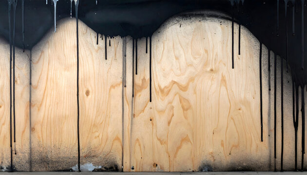 A wooden wall with black paint dripping down its surface creates a textured abstract scene.