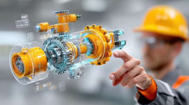 Digital twin technology visualizes industrial machinery with detailed 3D components and gears enhancing engineering design