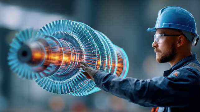 Digital twin technology displays futuristic turbine model as engineer in safety gear interacts with it in modern setting