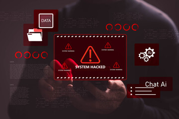 Obraz premium Hand holding smartphone with system hacked warning alert, cyber attack, data breach, AI security risk, network intrusion, digital threat, information breach and cybersecurity protection concept