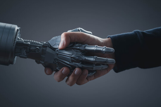 Human and robot handshake symbolizing collaboration between artificial intelligence and people, representing trust, automation, future technology, partnership, and digital transformation in business.
