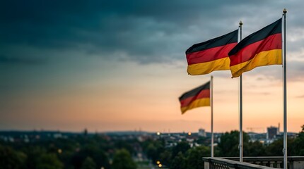 Fototapeta premium Three German flags waving proudly against a dramatic sunset sky over a city panorama, symbolizing national pride and a beautiful evening.