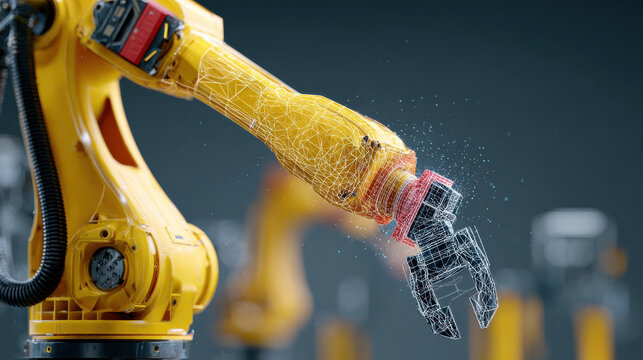 Industrial robotic arm with digital twin technology visualization showing advanced automation and digital innovation