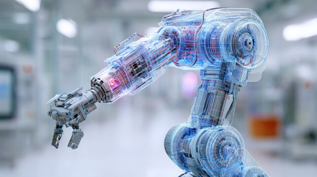 Digital twin technology shows futuristic robotic arm design with transparent mechanical parts in modern industrial setting