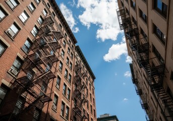 Fototapeta premium Low angle view of historic brick apartment buildings with metal fire escapes against a bright blue sky with clouds