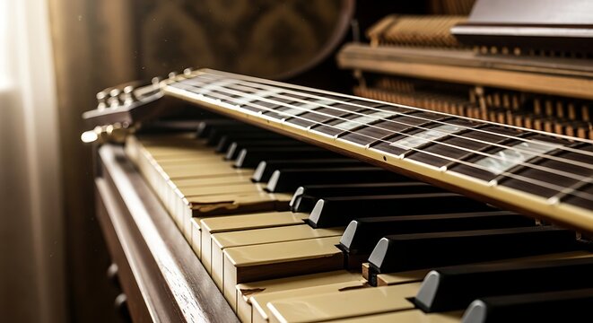 Vintage Electric Guitar Resting Across Piano Keys in Warm Sunlit Music Room