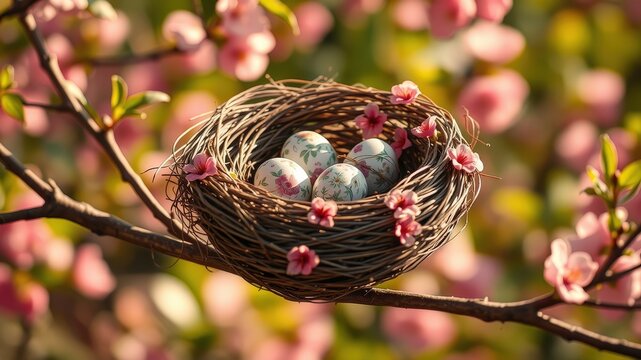 A delicate bird's nest nestled amongst vibrant pink blossoms on a springtime branch, cradling a collection of intricately patterned Easter eggs.