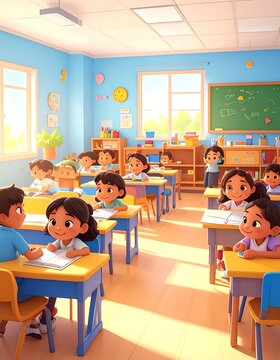 Cartoon Classroom Illustration with Happy Students at Desks.