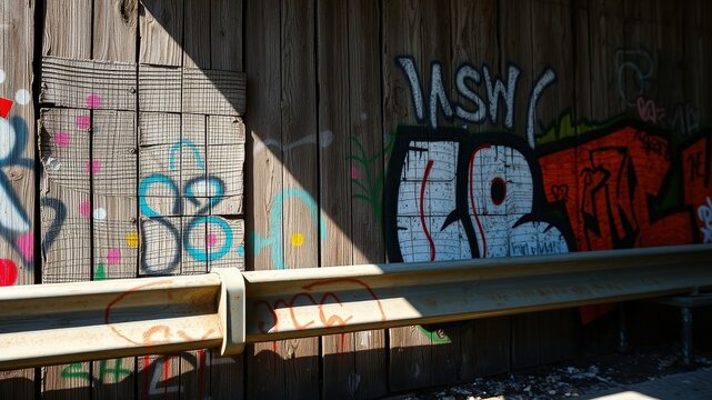 A weathered wooden surface covered in colorful spray paint, with a metal bar extending across the bottom, casting a shadow on the surface beneath