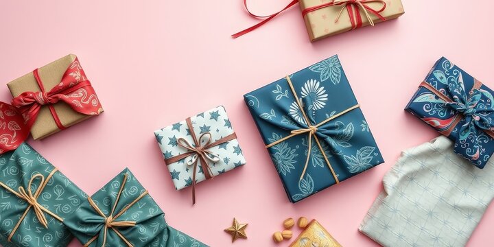 A Collection of Gift Boxes Wrapped in Beautiful Patterns with Twine and Ribbon on a Pink Background