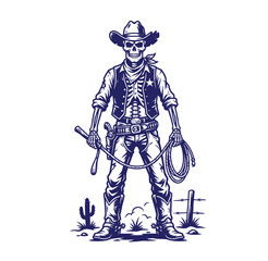 Fototapeta premium Graphic illustration of a skeletal sheriff with a whip and lasso skeleton character illustration monochrome frontier adventure folklore
