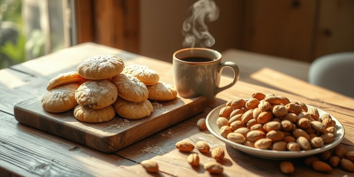 A warm and inviting table setting with a steaming cup of coffee, sweet pastries dusted with powdered sugar, and a bowl of almonds, ready to be enjoyed.