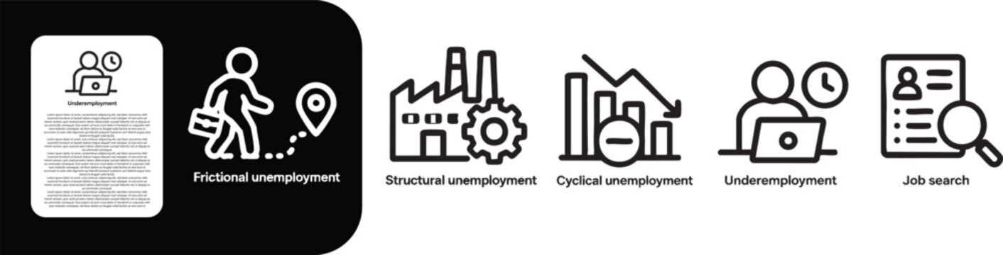 Business and Industry Icons Set, Frictional unemployment, Structural unemployment, Cyclical unemployment, Underemployment, Job search