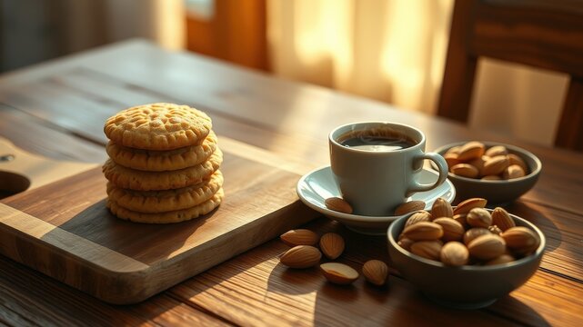 A stack of cookies on a wooden cutting board with a cup of coffee and bowls of almonds on a wooden table