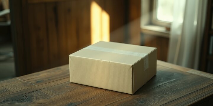A simple brown cardboard box sits on a weathered wooden table, bathed in soft sunlight streaming through a nearby window.