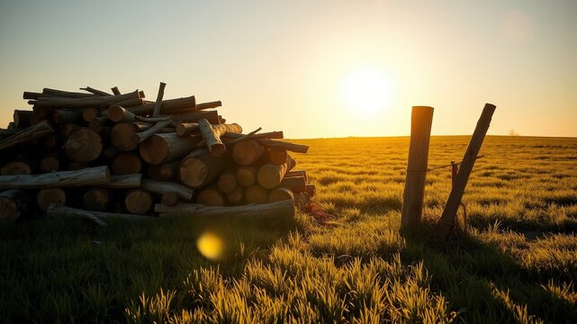 A stack of weathered logs sits in a field of green grass with two wooden fence posts at the edge under a bright sunset