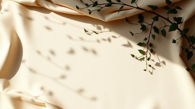 Minimalist Composition of a Cream Fabric Draped with a Branch of Green Leaves Casting Delicate Shadows on the Surface