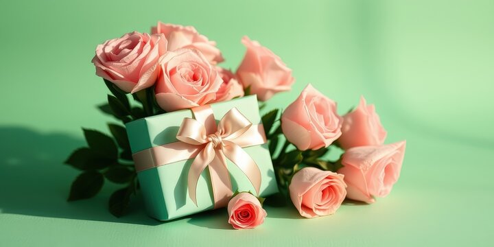 A delicate pastel green gift box tied with a soft pink bow, nestled amongst a cluster of pink roses, creating a romantic and elegant scene.