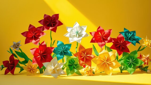 A colorful array of origami flowers, folded with intricate detail, bloom in a vibrant yellow light, creating a cheerful and harmonious scene.